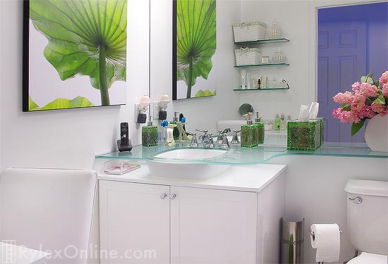Glass Vanity Top with Low Voltage under Lighting with White Sink and Cabinets