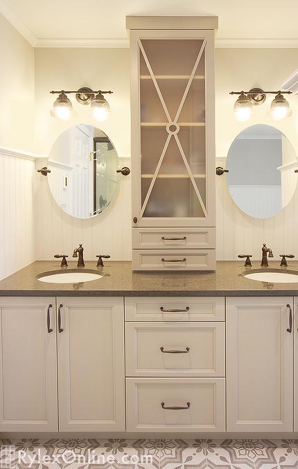 Decorative Bathroom Dual Vanity Cabinet and Above Counter Cabinet with Acid Etched Glass
