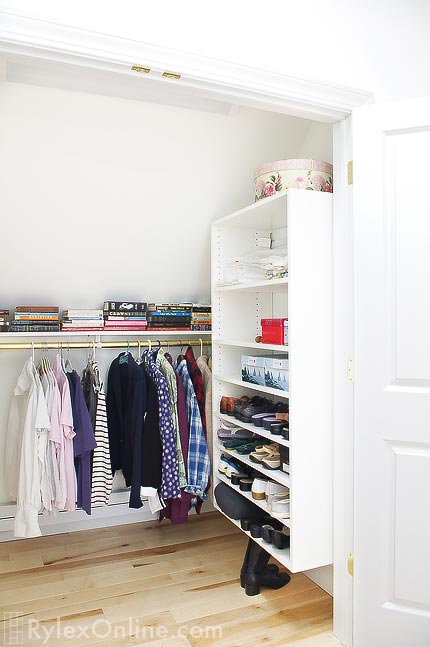 Under Eaves Storage Closet with Open Shoe Shelves Cabinet