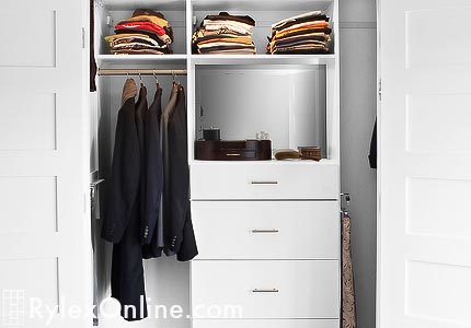 Men's Business Closet with Mirrored Cabinet and Open Shelves Close Up