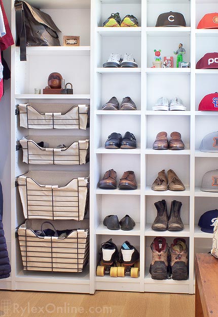 Closet with Shoe Cubbies and Sliding Lined Baskets