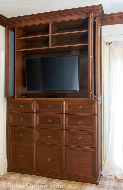 Entertainment Closet Cabinet with Mercury Glass Doors and Varied Depth Drawers