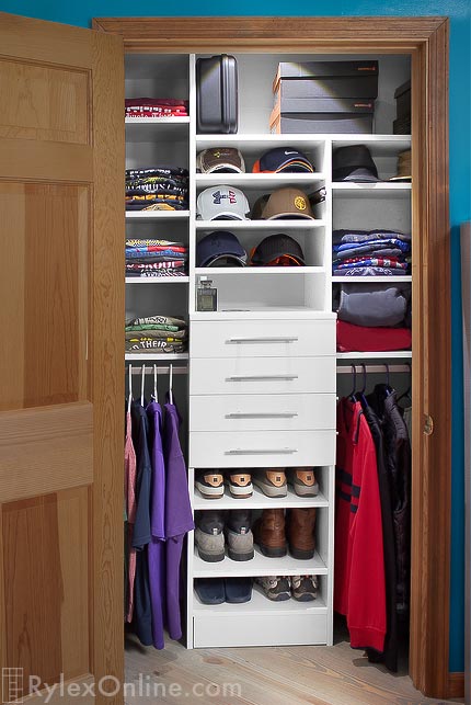 Contemporary White Reach-In Closet with Locking Drawers