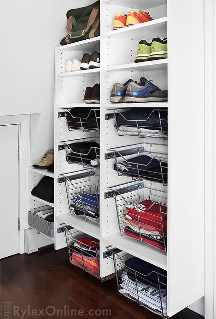 Activewear Closet with Adjustable Shelves and Sliding Baskets
