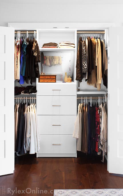 Evening Closet with Mirrored Cabinet, Shelves, Jewelry Drawers and Hanging Space