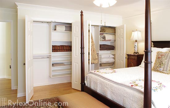 Dual Guest Bedroom Closets with Open Shelves