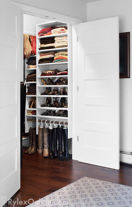 White Women's Closet with Boot Hanging Storage and Adjustable Shoe Shelves