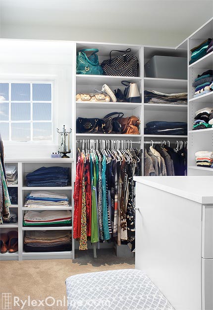 Walk-in Closet Under Window Shelf Cabinet with Open Shelving and Hanging Storage