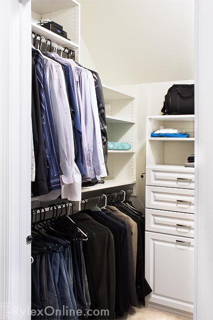 White Men's Closet with Cabinets and Open Shelving