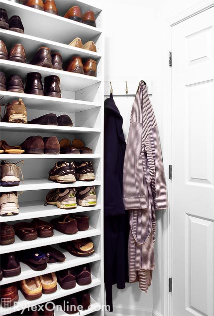 Bedroom Closet Open Shoe Shelves with Robe Hook Rack