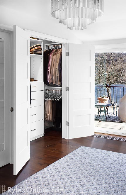 Men's Dress Closet with Mirrored Cabinet and Dual Hanging Space