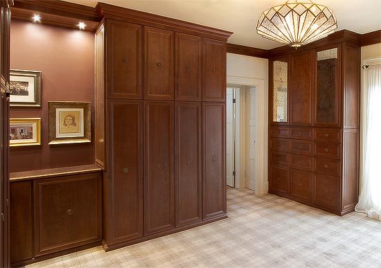 Gentleman's Closet with Cherry Wood and Entertainment Cabinet with Mercury Glass Doors and Abundant Drawers