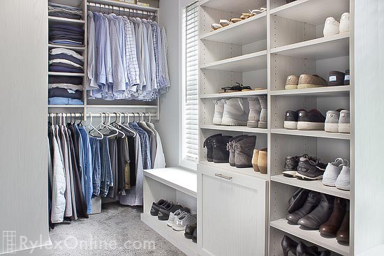 Men and Women Closet with Shared Shoe Shelves