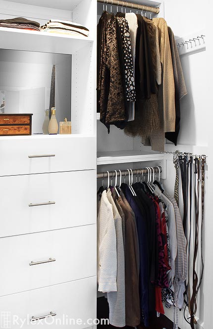 Closet with Mirrored Cabinet, Jewelry Drawer, Hanging Space and Belt Racks