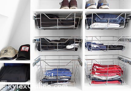 Activewear Closet with Sliding Wire Baskets and Open Shelves Close Up