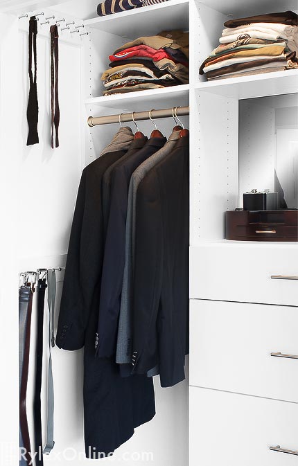 White Organized Men's Closet with Belt and Tie Racks and Hanging Space