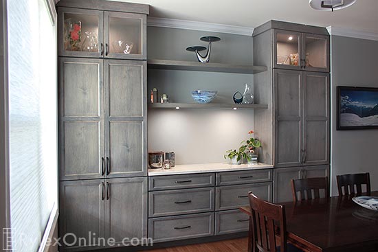 Built-In Dining Room Cabinets with Floating Shelves and Glass Doors