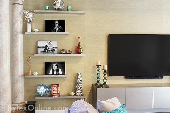 Family Room with High Gloss Floating Shelves and Entertainment Cabinet