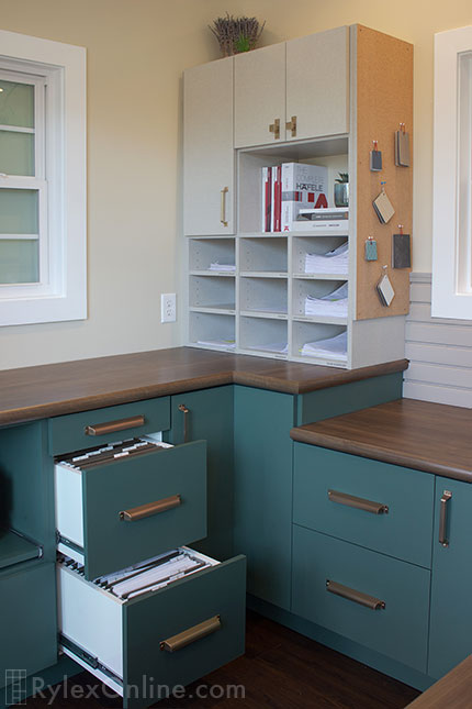 Multi-Counter Office Workspace with File Drawers