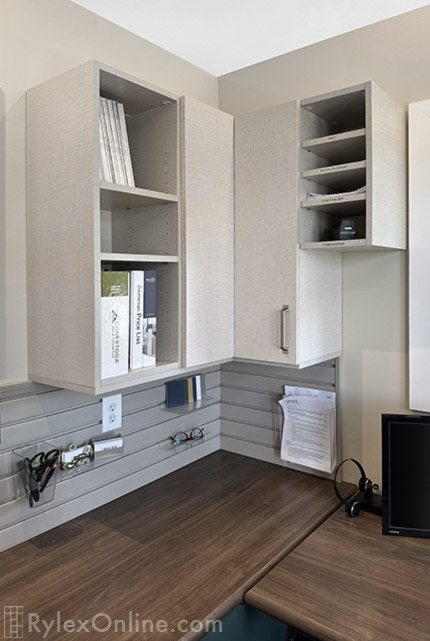 Office Workstation with Open Shelves, Paper Cubbies and Handiwall for Accessories