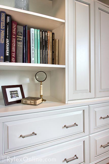 White Guest Room Entertainment Center with Deep Storage Drawers Close Up