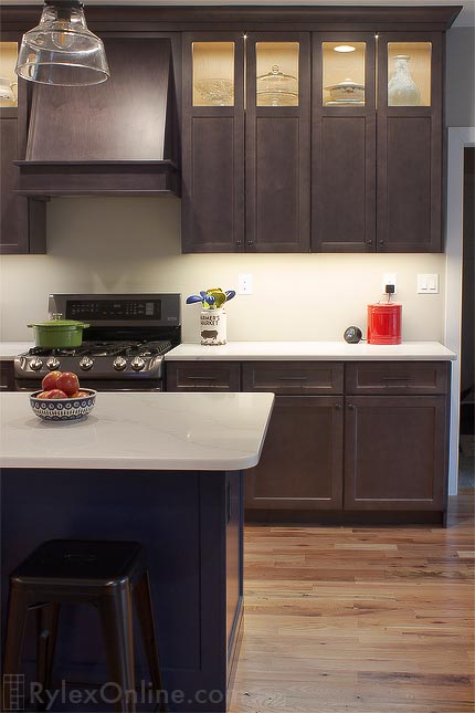 Grey Shale Cabinets with Blue Kitchen Island