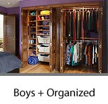 Boys Organized Closet with Open Shelves and Sliding Baskets