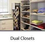 Compact Dual Master Closets with Built-In Bureaus