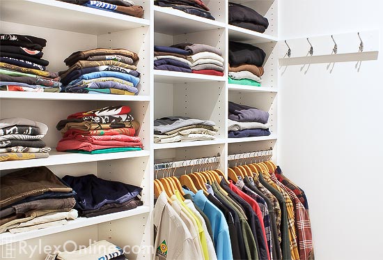 Closet Shelving with Hanging Space and Robe Hooks Rack