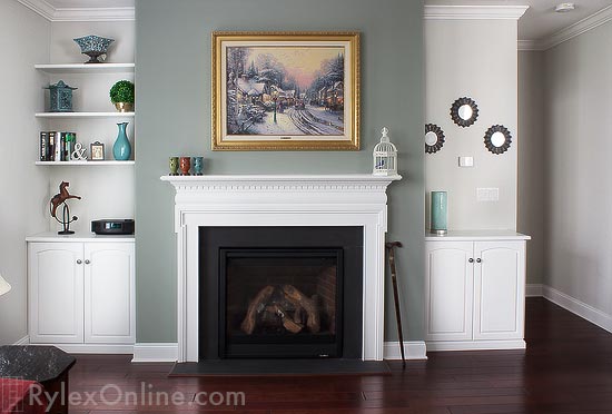 Alcove Cabinets Frame a Fireplace with Open Shelves for Collectibles