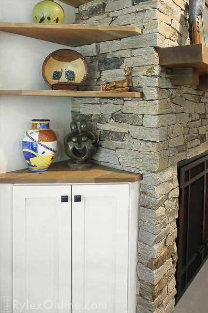 Corner Fireplace Cabinet with Wood Top and Two Floating Shelves