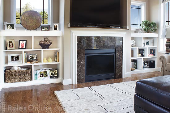 White Fireplace Surround Display Shelves on Shallow Alcove Wall