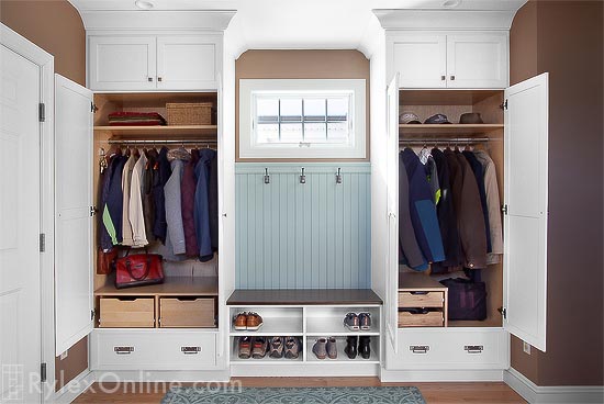 Entryway Mudroom Cabinets with Storage Drawers, Open Shelving with Wainscoting Trim