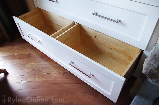 Two Compartment Divided Hamper Drawer Under One Drawer Face Close Up