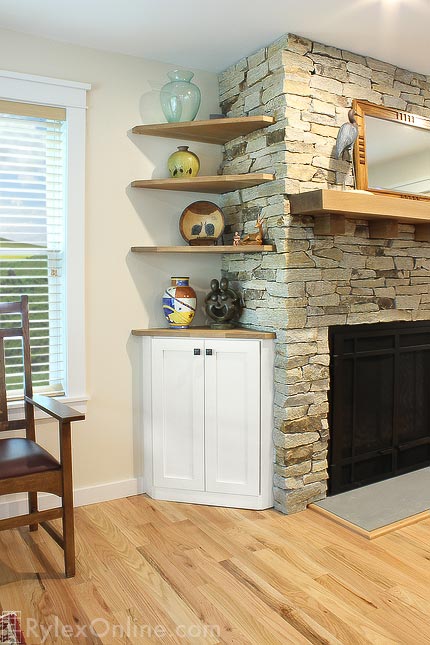 Fireplace Corner Cabinet and Full View of Corner Floating Wood Shelves