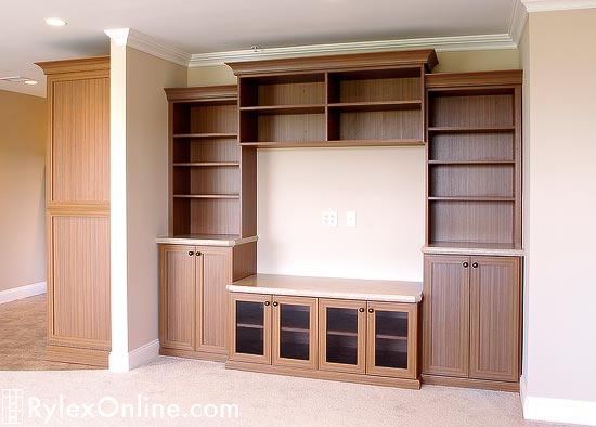 Compact Entertainment Center with Open Storage Shelves and Cabinet Doors with Glass Inserts and Countertops