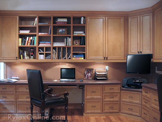 Built-in Home Office with Cabinets and Open Shelves