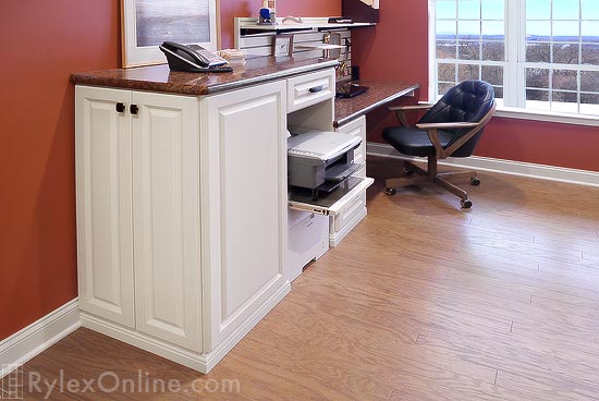 Antique White Home Office Cabinet with Desk and Vertical Wall Storage Bins and Hooks