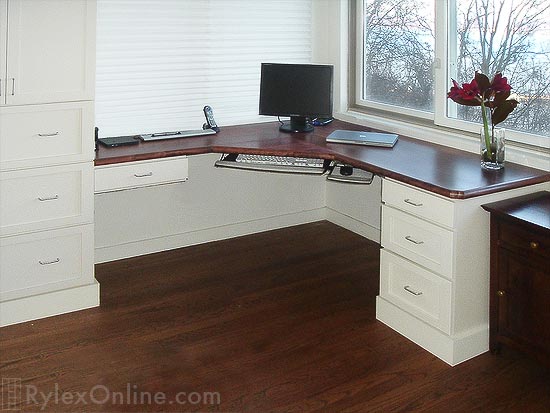 White Lacquer Corner Home Desk with Mahogany Desktop