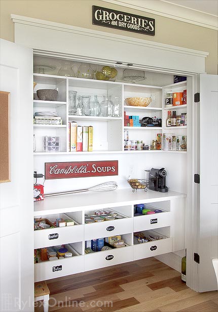 Kitchen Pantry with Pull-out Drawers, Counter and Open Shelving